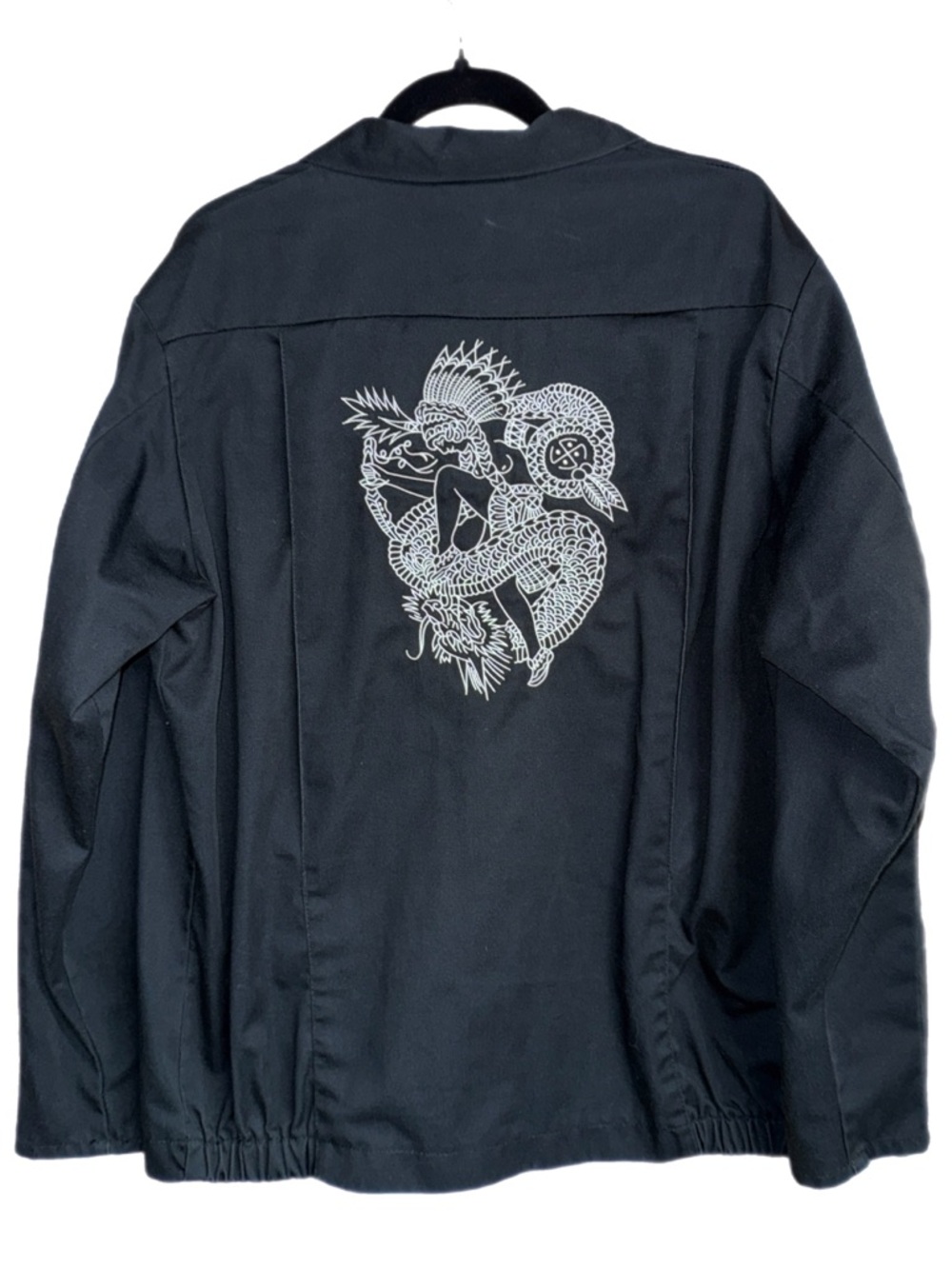 Dickies - Black Work Jacket - Embroidered Dragon & Warrior Graphic -‎ Size Large
